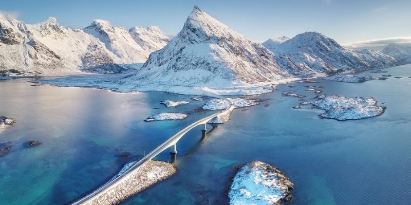 Paysage-hivernal-Lofoten-sommets-pointus-et-ponts-entre-les-îles