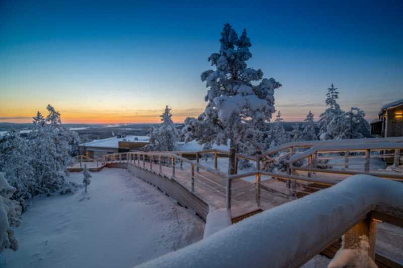 Het wandelpad langs de cabins bij de Lapland View Lodge