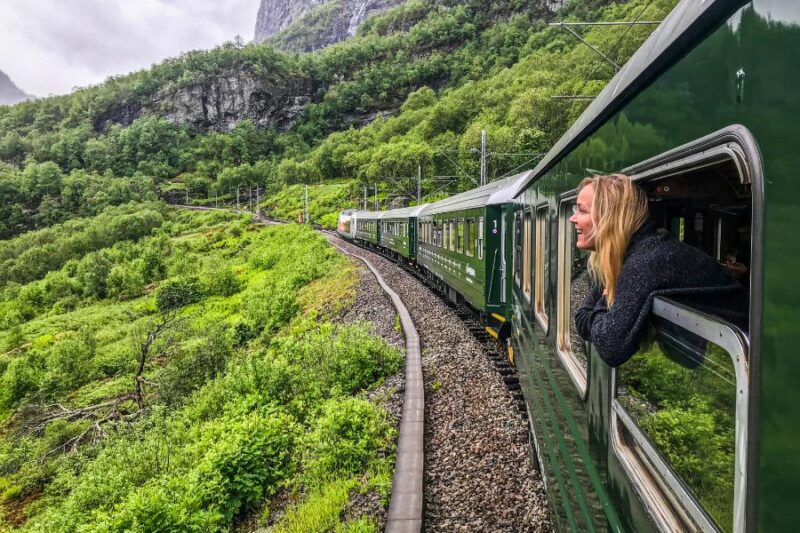 Personne regardant par la fenêtre lors d'un voyage en train en Norvège