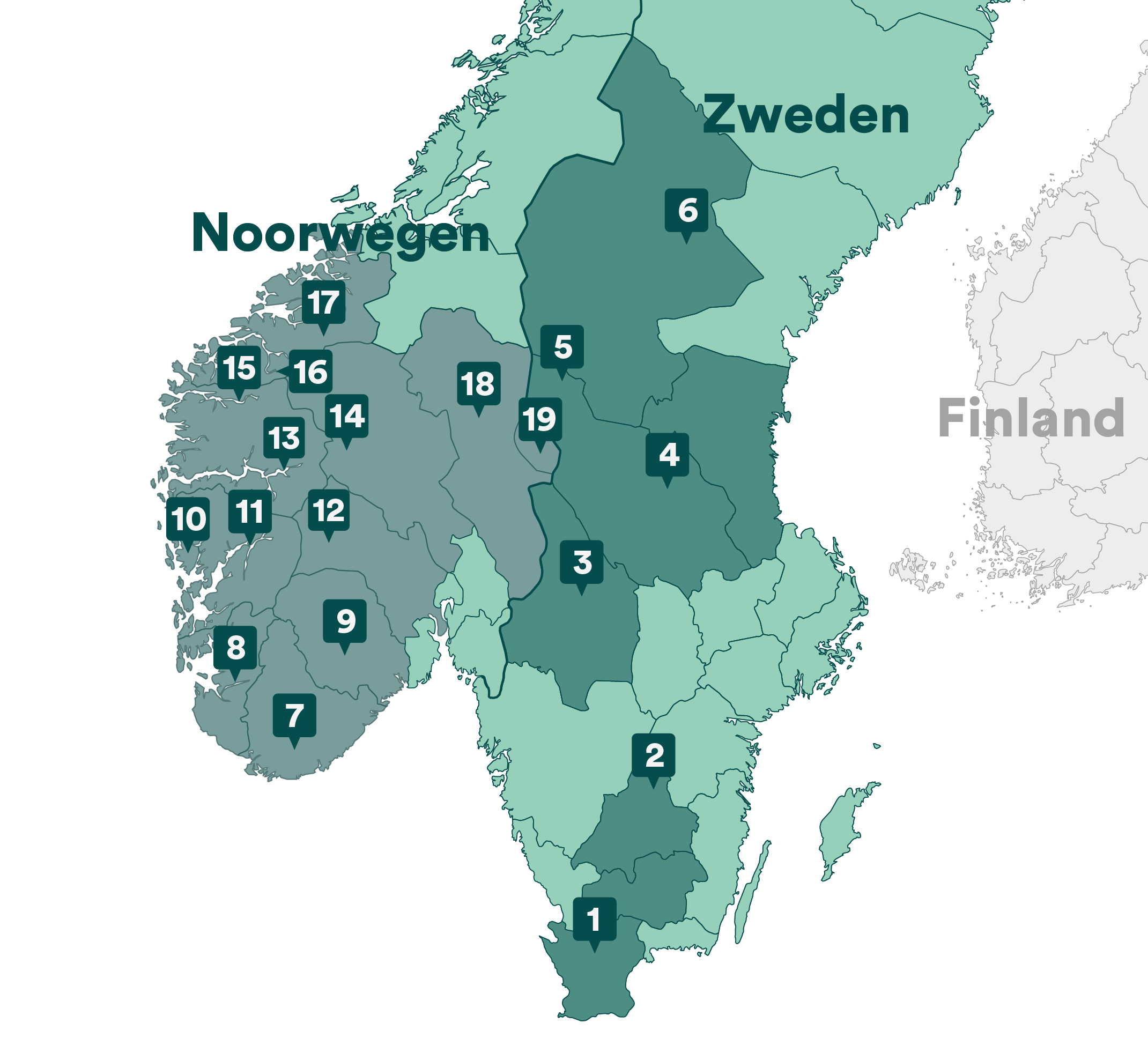 Kaart vakantiehuizen Noorwegen Zweden